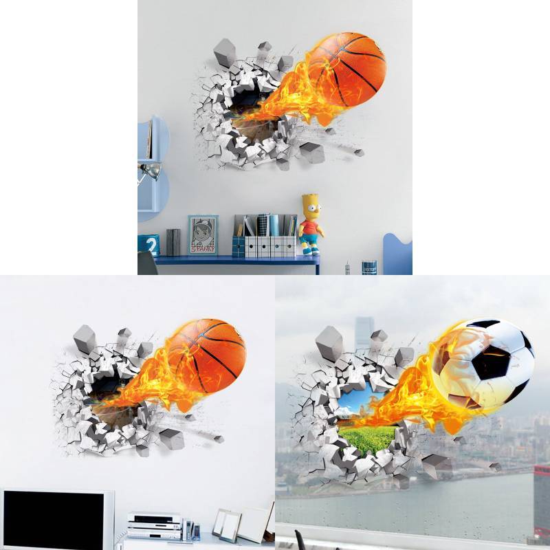 Kids Bedroom Wall Art Sticker With Fire Basketball Pattern Pvc Selfadhesive For Decor
