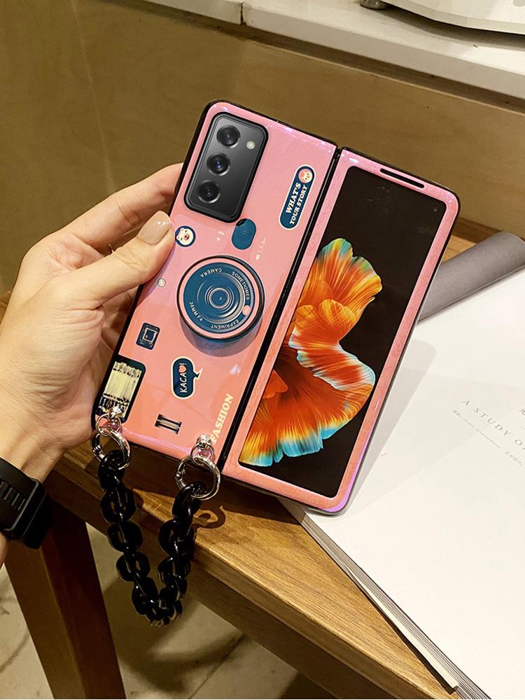 Blue Ray Cartoon Camera Holder Phone Case For Samsung Galaxy Z Fold 3 2 5g Glossy Imd Shockproof Protection Chain Cover
