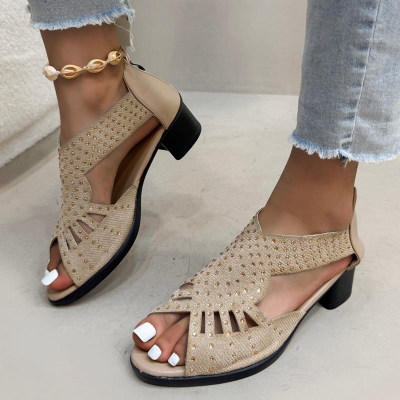 

Fashion 2025 Summer New Peep Toe Women s Cover Heel Sandals Outdoor Crystal Back Zip Chunky Heels Sandal for Retro Daily Office & Career 35 золотой
