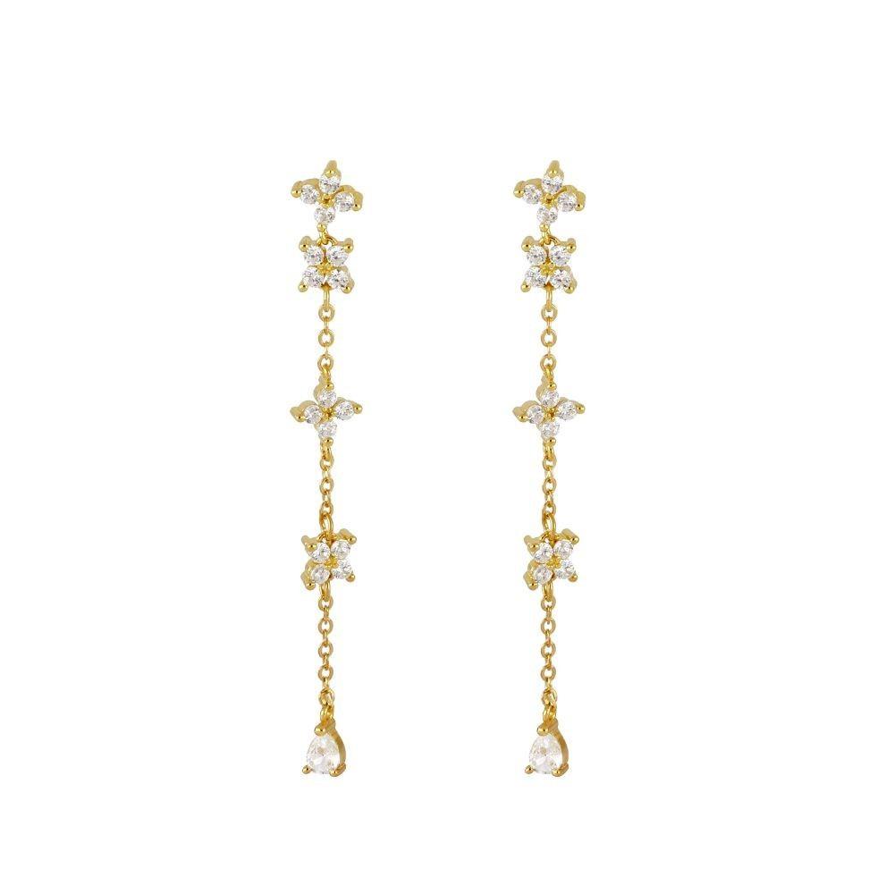 French Design Gold Color Long Chain Flower Dangle Earrings for Women Stainless Steel Zircon Drop Earrings Piercing Jewelry