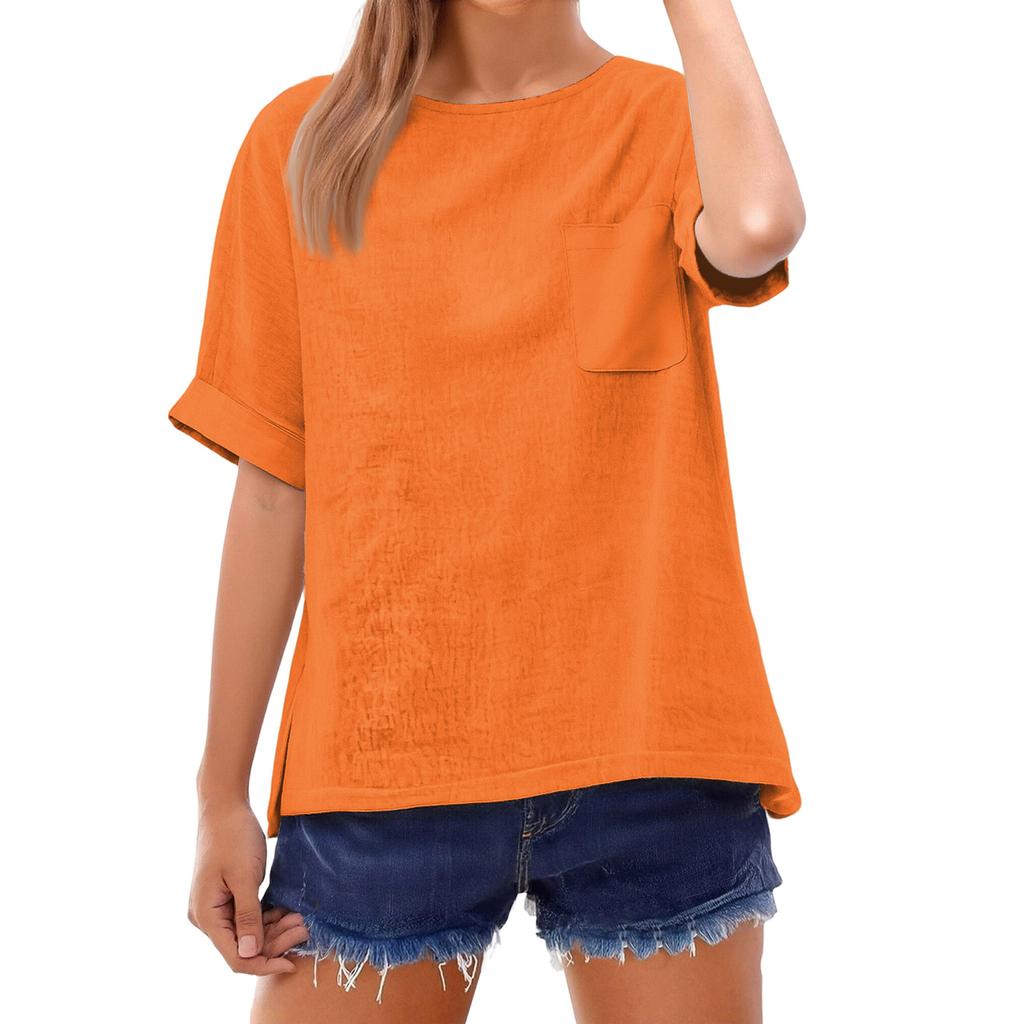 Fashionable Color Short Sleeve T-Shirt With Pocket Design, Fashionable Round Neck Lightweight Top For Women