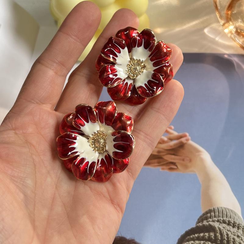 Vintage Gold Enamel Flower Ear Clips - No Piercing Needed