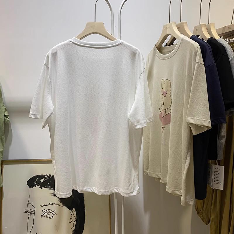 Camiseta de Algodão Feminina de Verão com Estampa de Coelho de Desenho Animado: Solto, Confortável, Manga Curta, Comprimento Médio