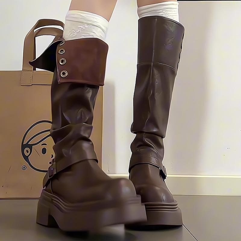 Herbst Winter Damen Ritter Kniehohe Stiefel Schlichte Schlupfschuhe Dicksohlige Schuhe Damen Vintage Western Cowboy Botas