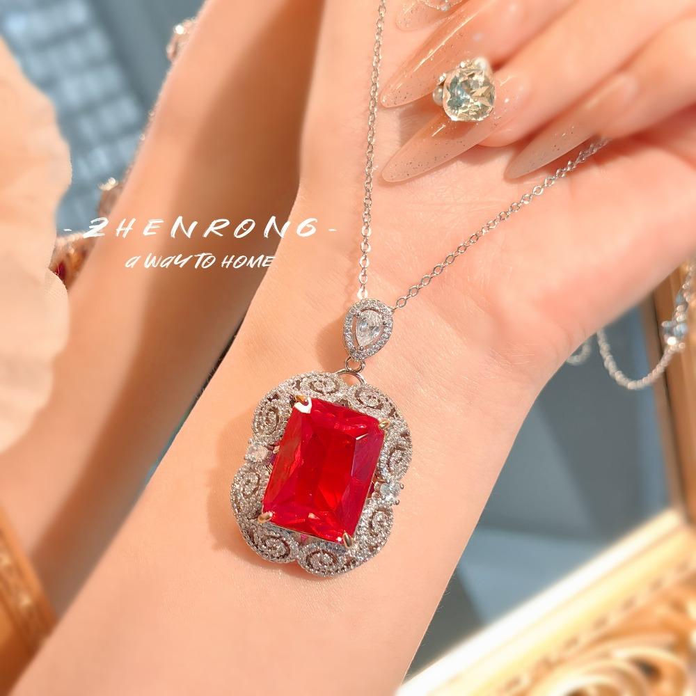 Stylish Women Jewelry Set Bold Red Corundum Pendant Necklace Light Luxury Earrings Ice Cut High Carbon Diamond Ring Perfect Gift