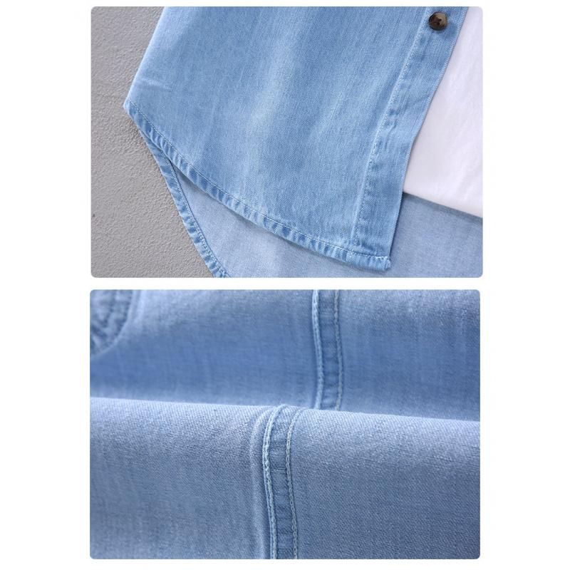 Summer New Vintage Artistic Men'S Short-Sleeve Denim Shirt Solid Color Lapel Collar Loose Casual Versatile Shirt