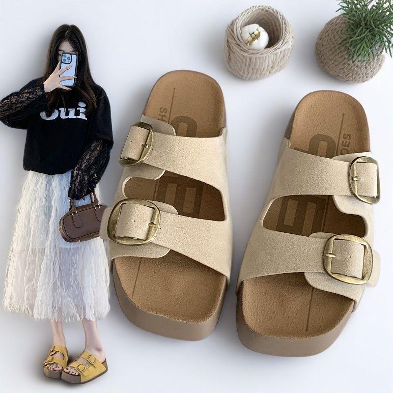 Cowhide version~ Genuine leather thick-soled one-word slippers for women's summer new beach cool slippers for women's fashion