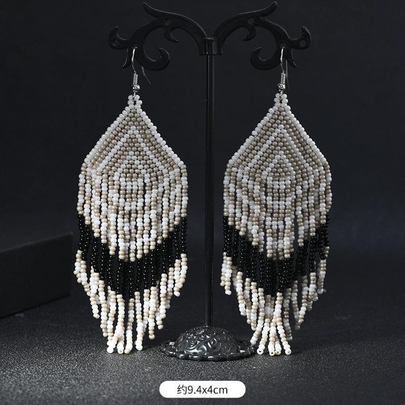 Hand-woven Bohemian Earrings, Long Rice Bead Fringed Earrings, Personality Temperament Women's Earrings.