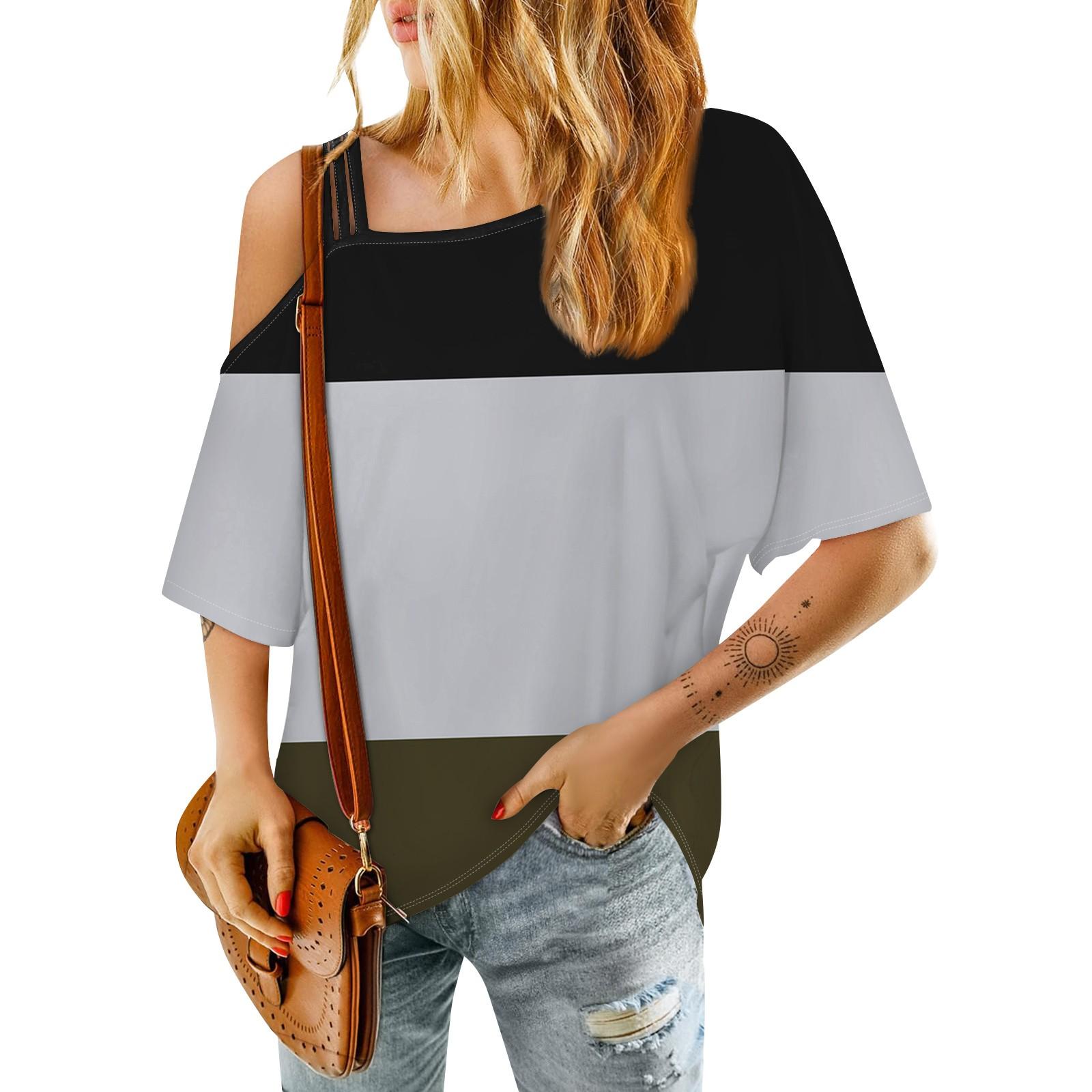 Женская модная повседневная футболка с цветными блоками на одно плечо — фото 3