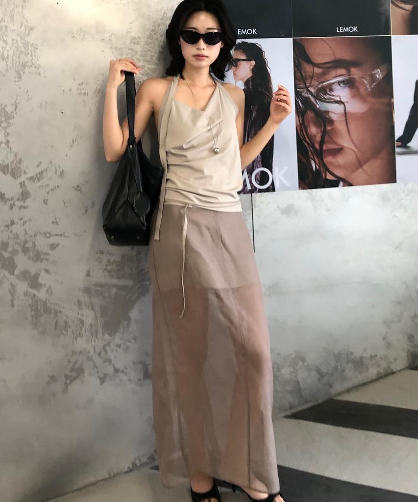 El Mood Woman Sheer Layered Skirt Linen Beige
