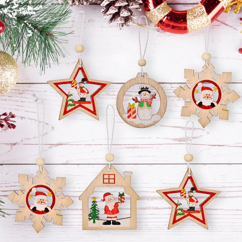 Festive Christmas Wooden Ornaments Set Of Twelve Including Santa And Snowflakes