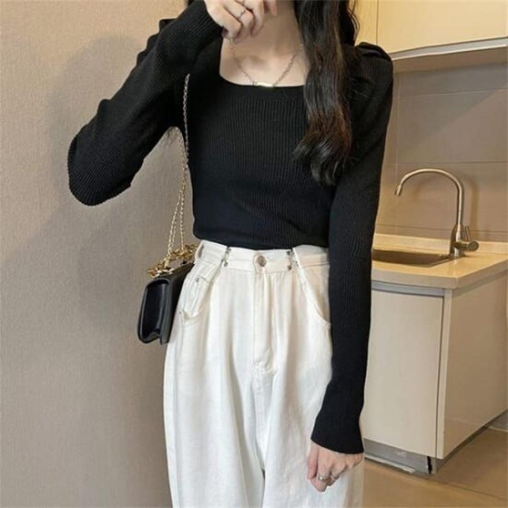 Navava Women Shirring Ribbed Square Neck Long Sleeve Knit Top Nk3580