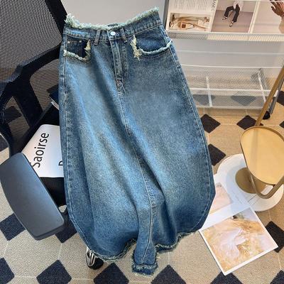 Elegant Denim Skirt Women A-Line Raw Edge Design Halter Black Gray Pear Shaped High Waist Straight Package Hip Mid-Length Fashion Denim Bustier Skirt