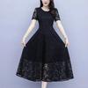 Women's Summer Short Sleeve Hollow Out Lace Dress Slim Round Neck A-Line Mid-calf Dresses