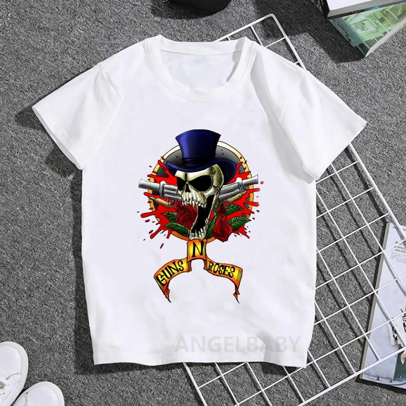 Hot Sale Gun N Roses Rock Band Print Fashion Kids T shirt Girls Summer Tops Baby Boys Clothes Children Short Sleeve T-shirts
