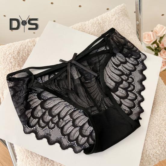 Women's Lace Thongs Low Waist See Through Panties with Bow Sexy Lace Mesh Briefs Ultra-Thin Breathable Bikini Underwear