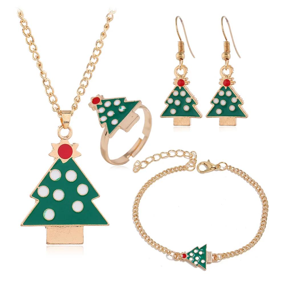 4PCS/Set Christmas Women Alloy Jewelry Set Santa Elk Bell Earrings Necklace Bracelet Decor Xmas Accessories Gift for Girl Women