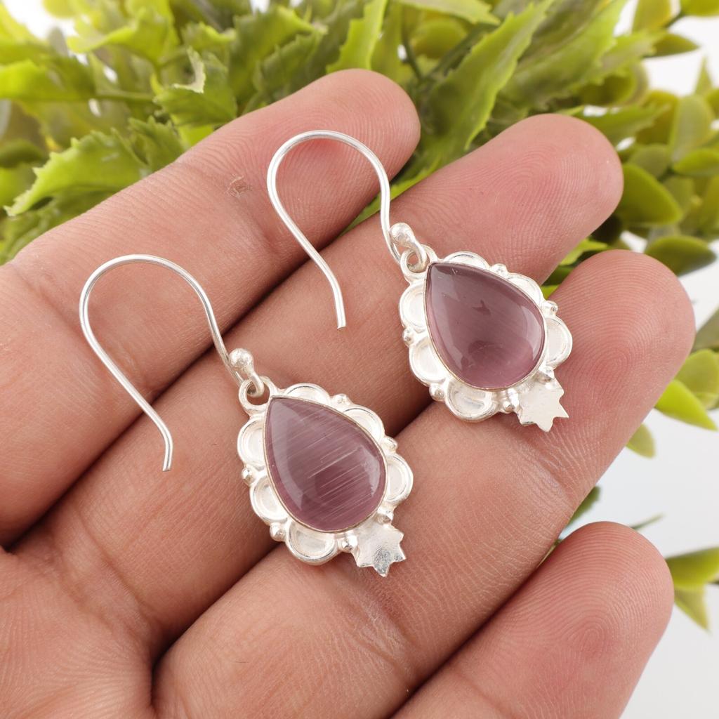 Purple Cat's Eye Gemstone Earrings 925 Sterling Silver Handmade Multi Jewelry EE-163-38