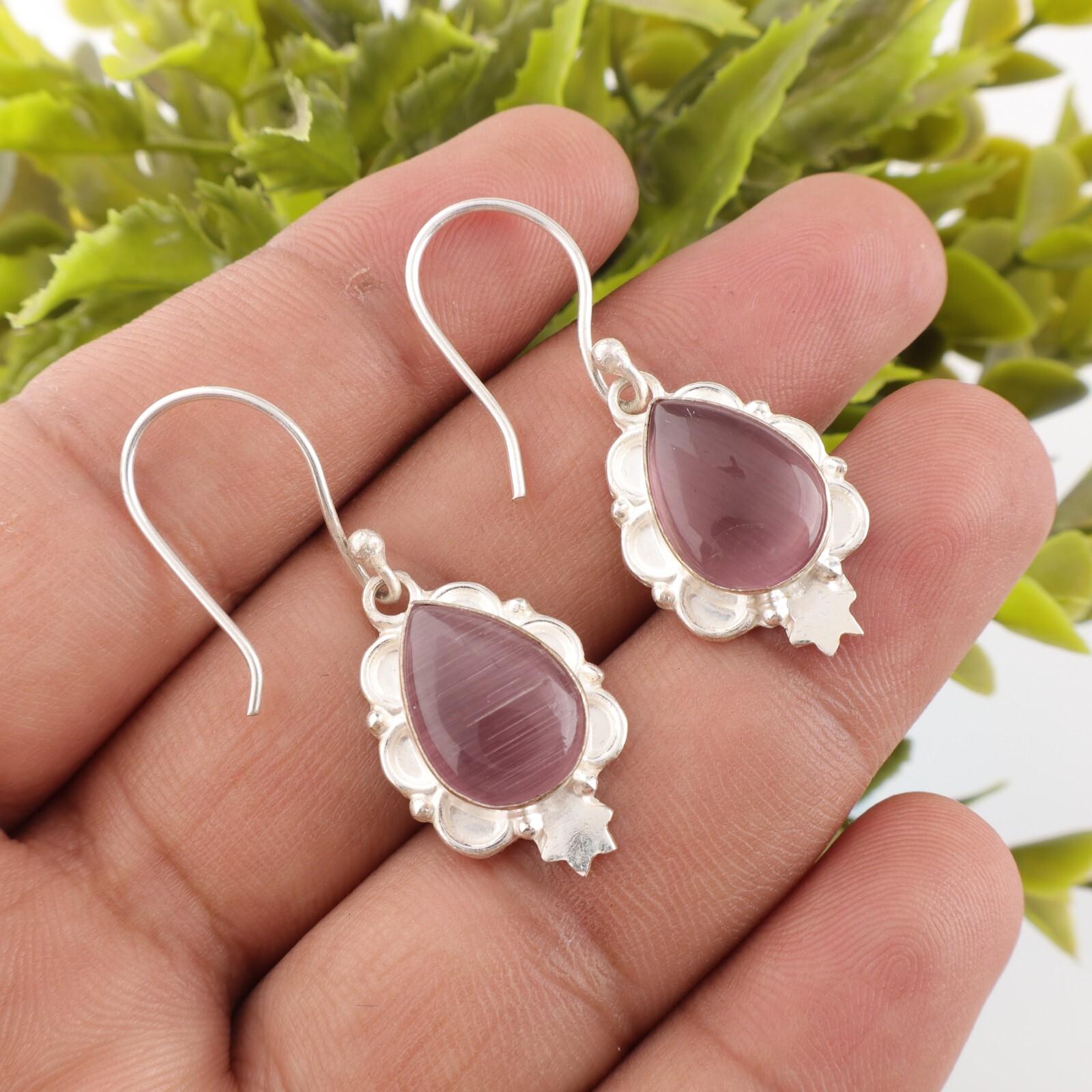 

Purple Cat s Eye Gemstone Earrings 925 Sterling Silver Handmade Multi Jewelry EE-163-38