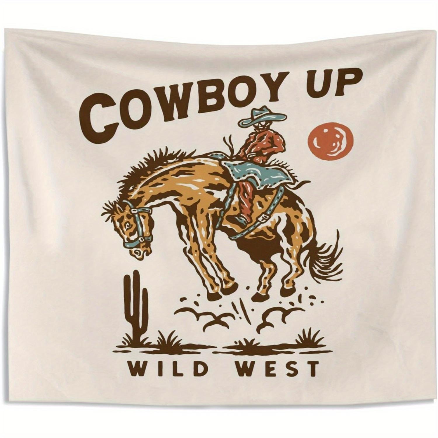 Retro Western Tapestry With A Classic Cowboy Up Design, Featuring A Cowboy On Horseback In The Wild West, Perfect For Adding 75X75cm