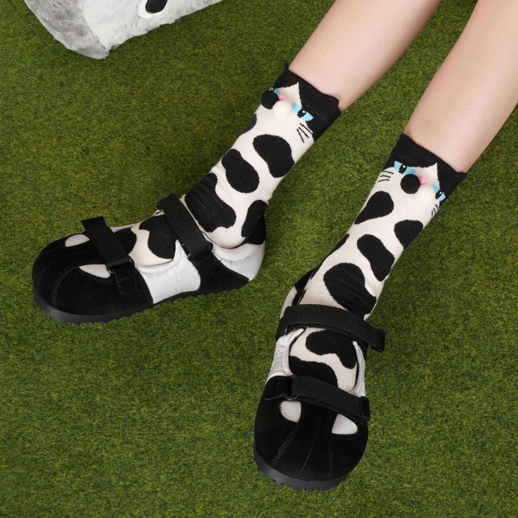 Cute Cat Print Crew Socks Playful 3D Pom Pom Mid Tube Socks Stylish Leopard Pattern Casual Hosiery Soft Breathable Female Socks