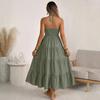 Women Olive Green Sleeveless Backless V Neck Tiered Ruffle Maxi Dress Solid Color Casual Dress
