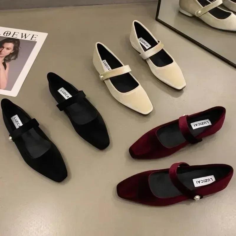 Fashion Suede Flats Loafers Women Marie Janes Spring Shoes 2024 Square Toe Ballet Dance Shoes Fashion Luxury Dress Zapatillas De Mujer