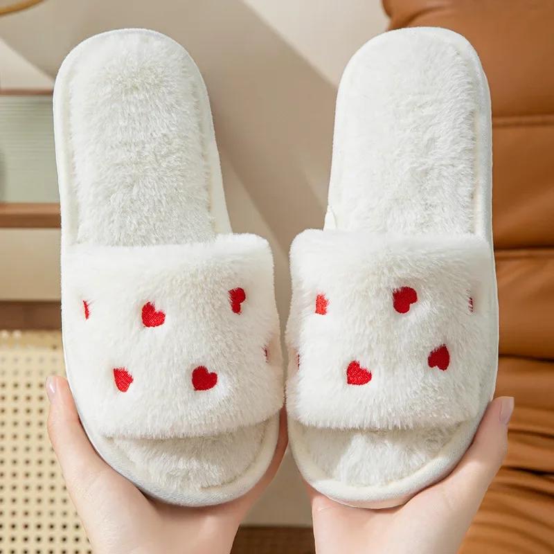 Winter Women Heart Slippers for Home Fur Furry House Slides Men Indoor Floor Soft Sandals Couples Comfortable Cute Flip Flops