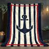 Nautical Anchor Stripe Design FleeceBlanket Navy Blue White Red Rope Border Soft Plush Throw Blanket for BeachHouseCoastal Style