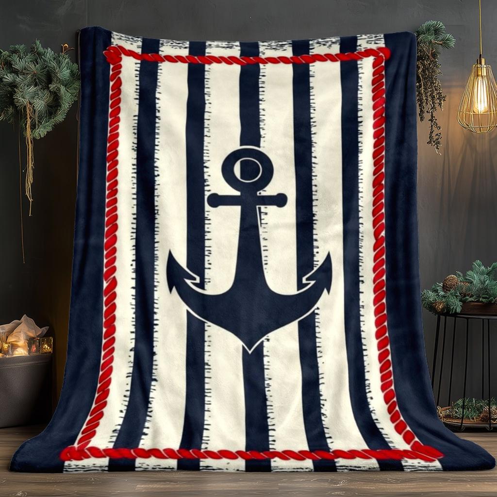Nautical Anchor Stripe Design FleeceBlanket Navy Blue White Red Rope Border Soft Plush Throw Blanket for BeachHouseCoastal Style