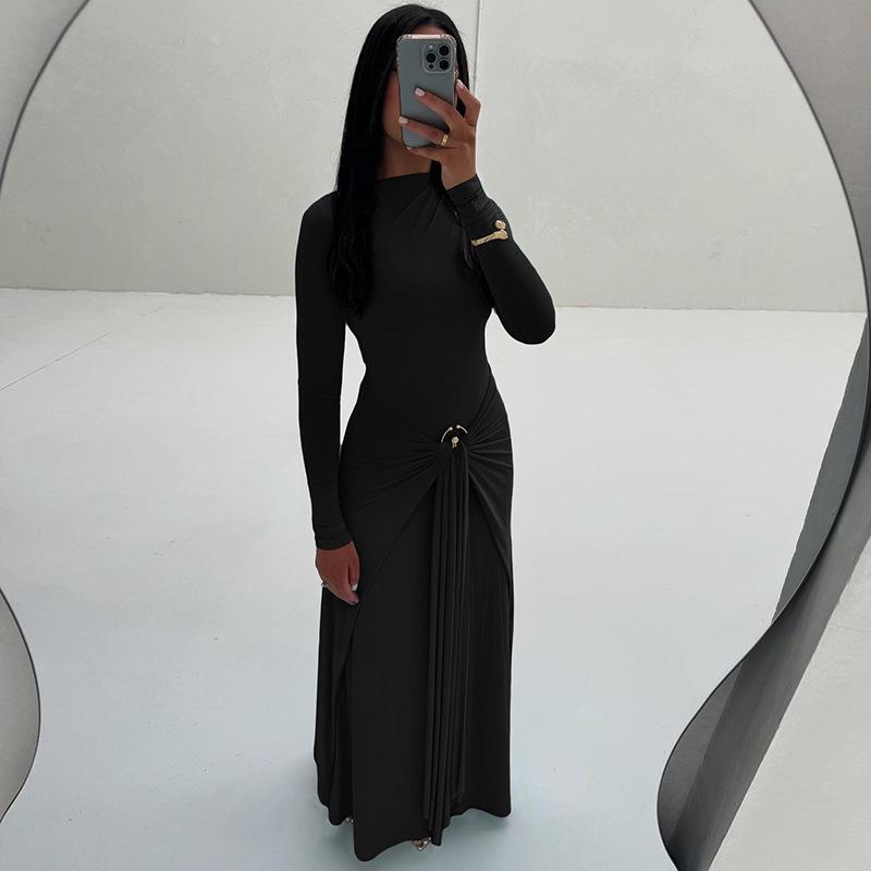 2025 Autumn/Winter European & American Style Solid Color Dress with Decorative Ring Buckle and Tie-Up Design