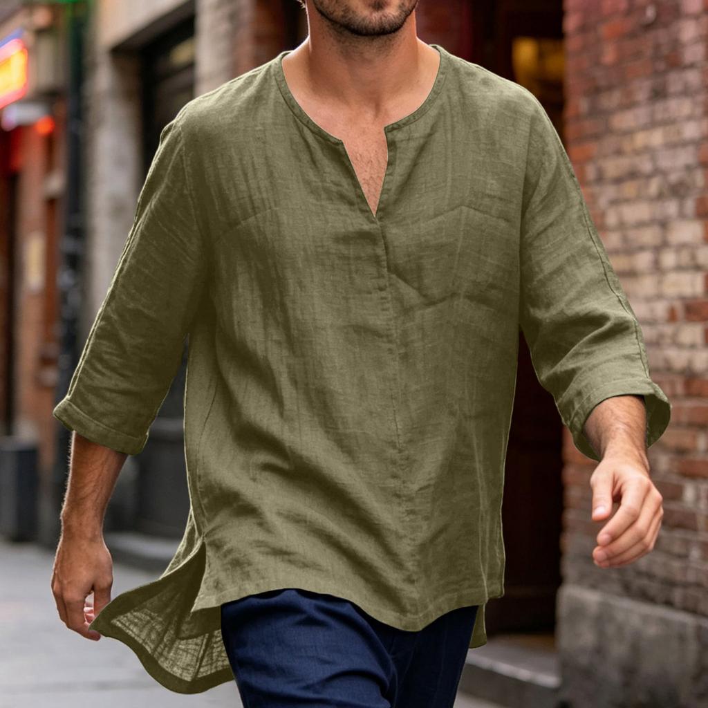 Men's Cotton Linen Casual Three Quarter Sleeve Loose Fit Top with V Neck Relaxed Fit Shirt for Everyday Wear