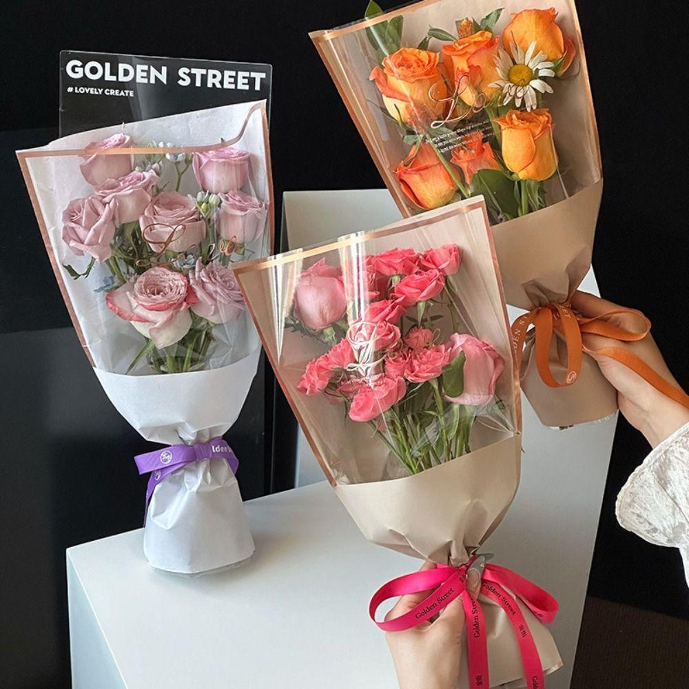 20PCS Transparent Flower Packaging Bag Hot Stamping Foil Rose Wrapping Bag Bouquet Packing Bag