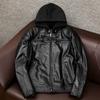 Men's Genuine Leather Biker Jacket Heavyweight Top Grain Cowhide Short Slim Fit Detachable Hood Coat