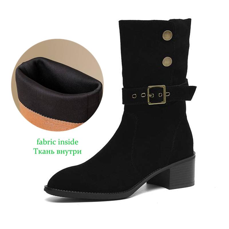 Krazing Pot Cow Suede Nubuck Winter Round Toe Modern Boots Med Heels Slip on Metal Rivets Women Mid-calf Boots