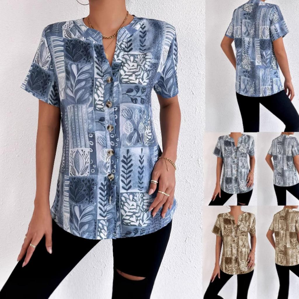 Summer Spring Women's Printed Short Sleeve Cardigan T-shirt, Fashion Casual Tops for Women, European American Style Crossbody Outwear