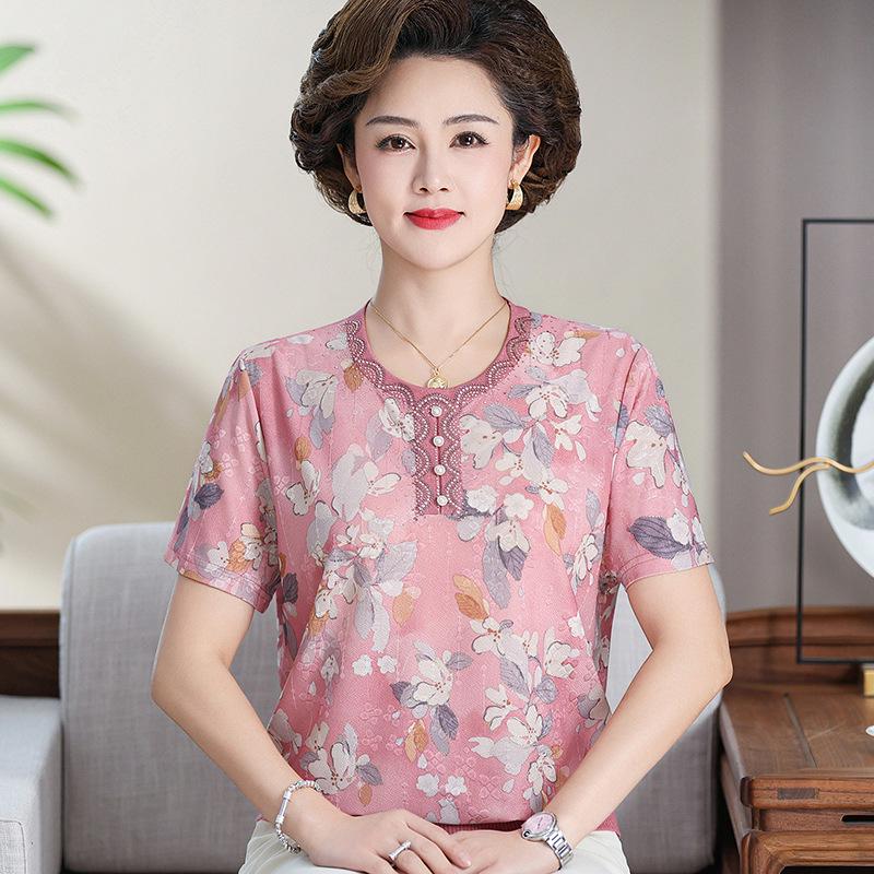 

High-End Ice Silk Knit T-shirt: Round Neck, Short Sleeve, Plus Size for Middle-Aged Women 2XL (Recommended 55-60 kg) розовый