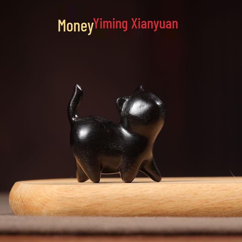 Ebony Blind-Eyed Tilted Head Cat Wood Carving - Unique Retro Desk Ornament