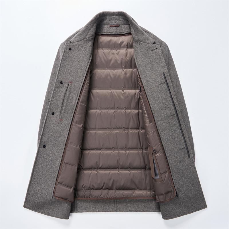 Men's Winter Woolen Overcoat with Detachable Down Liner, Double-Faced Wool, Regular Lapel for Middle-Aged Men.