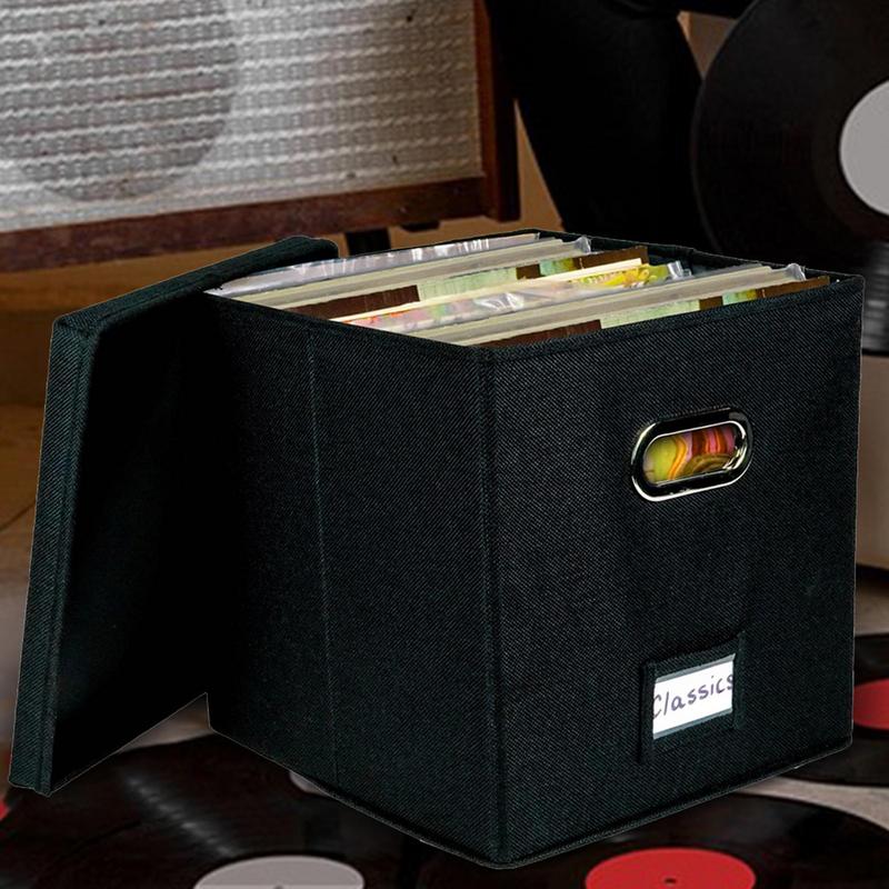 Vinyl Record Storage Box for up to 50pcs 12-Inch Albums Records Crate LP Album Storage Fabric Storage Boxes with Lids
