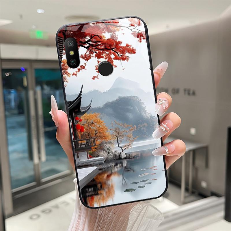 Beautiful Flower Cute Cartoon Cats Case For Xiaomi Mi A2 / Mi A2 Lite Tempered Glass Phone Case Protective Back Cover Hard Shell