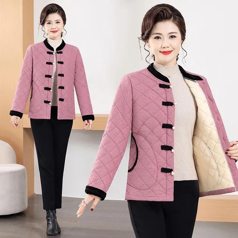 

Женская осенне-зимняя утолщенная короткая стеганая куртка: Ретро китайский стиль, свободный крой с бархатной подкладкой, теплый дизайн XXL розовый