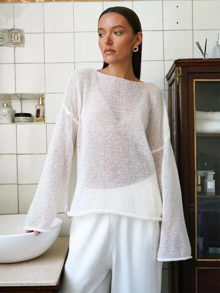 Lightweight Knit Pullover Sweater with Wide Round Neck and Flared Long Sleeves Loose Fit Layered Hem Casual Top for Women