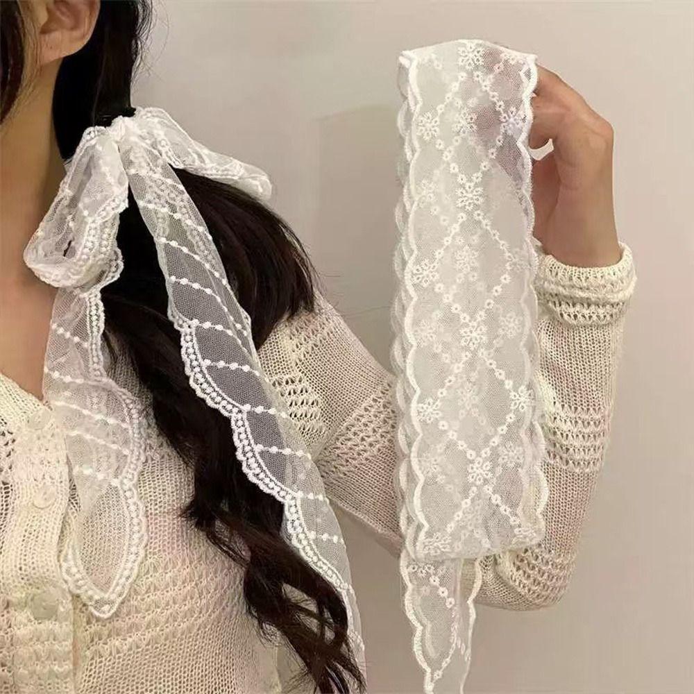 Embroidered Lace Triangle Headscarf White Pastoral Style Hair Scarf Wraps Hollow-out Woven Floral Lace Skirt for Women Girls