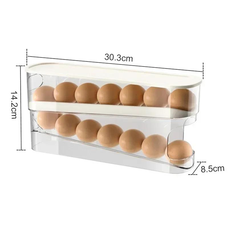 Caja de almacenamiento de huevos para refrigerador, soporte automático para huevos con desplazamiento, gran capacidad, para el hogar, cocina, estante de almacenamiento de huevos rodante exclusivo