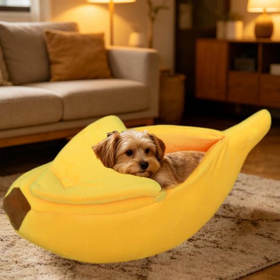 Cute Banana Cat Bed Plush Cozy Pet Cave Bed Semi-Enclosed Cat Hide Bed Fun Calming Bed for Puppies Cats Small Medium Sized Dogs