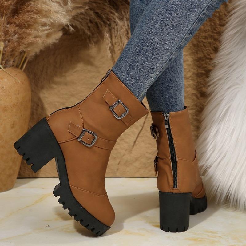 New Autumn and Winter New Fashion Boots Women's Belt Buckle Fashion High Heel Thick Bottom Versatile Women