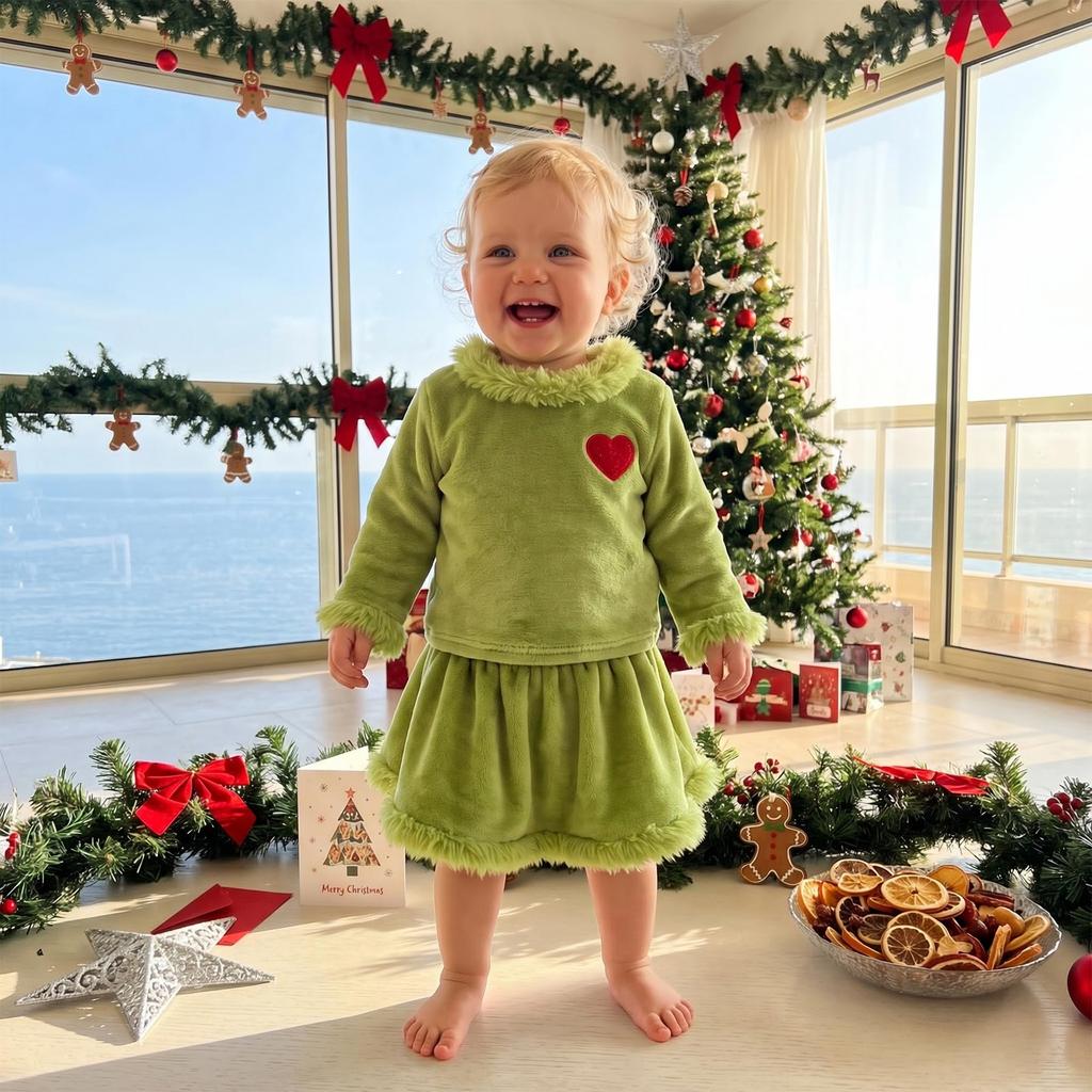 Christmas Outfit Green Velvet Top and Skirt Set with