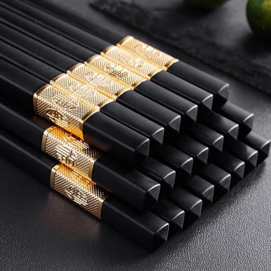 10 Pairs Plastic Chopsticks Black Gold Non-Slip Grip Micro-Tip Design Chopsticks Ergonomic Cylindrical Sushi Sticks for Chinese Japanese Food Elegant