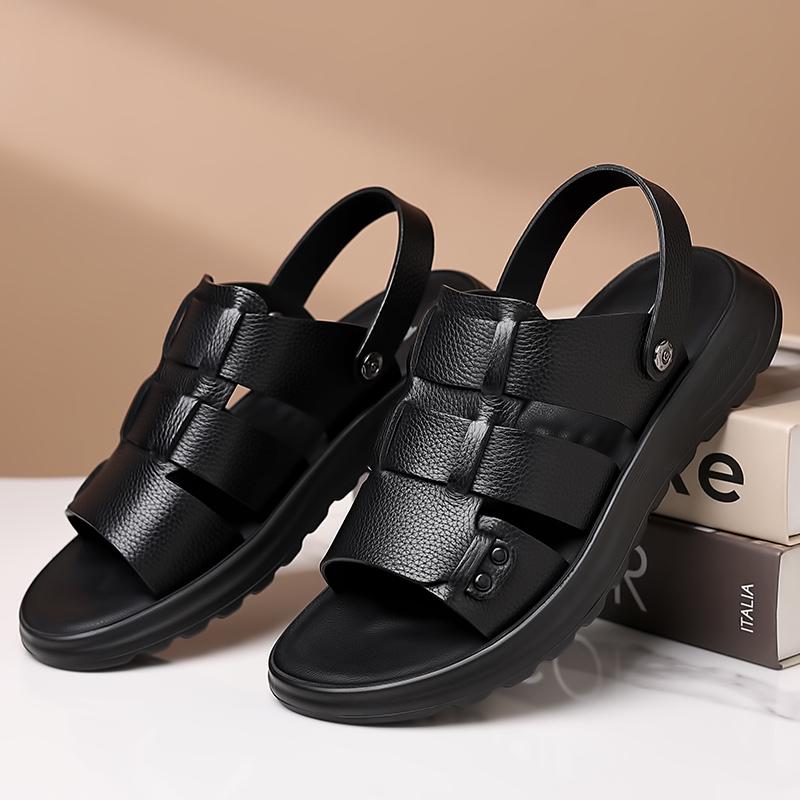Fashion Mens Commute Genuine Leather Sandals Solid Color Leather Summer Breathable Beach Shoes Casual Comfortable Open Toe Soft Sandals